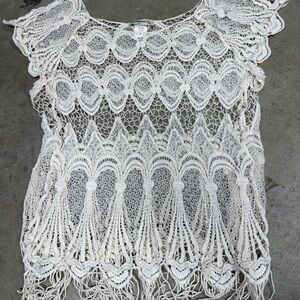 Crochet Fringe Short Sleeve Top - White